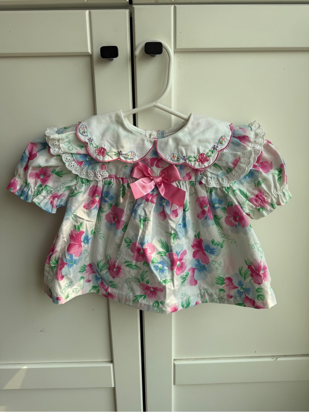 Vintage 12M Floral Baby Dress Peter Pan Collar Embroidered Bow Cottagecore